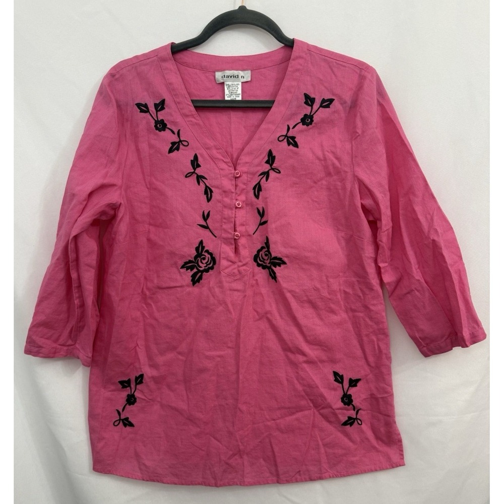 David N Pink Linen Blend Embroidered Tunic 3/4 Sleeve Womens Size M